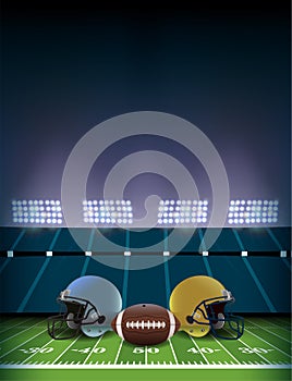 American Football Field Stadium with Helmets and Ball Illustration