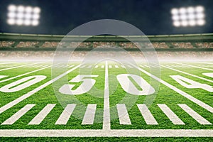 American Football Field With Stadium Lights and Smoke