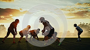 American Football Field Two Teams Compete: Players Pass and Run Attacking to Score Touchdown Points