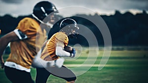 American Football Field Two Teams Compete: Successful Player Running to Score Touchdown Points