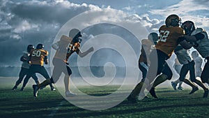 American Football Field Two Teams Play: Successful Player Running Around Defense Players to Score