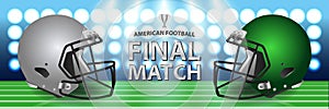 American football final match concept. Silver, green Helmets and