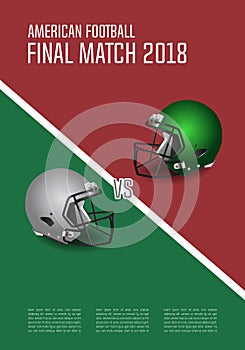 American football final match poster concept. Silver, green Helm