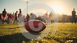 American football on grass field in sunny hot weather.