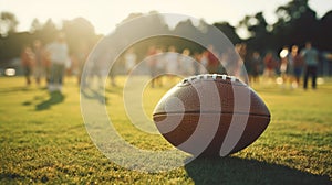 American football on grass field in sunny hot weather.