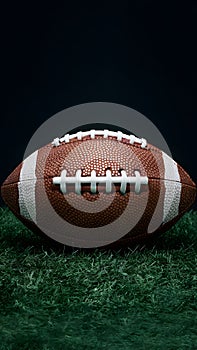 American football on green grass on dark background, symbolizing team sport and competition
