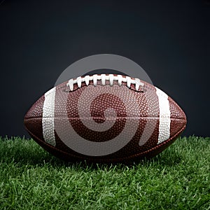 American football on green grass on dark background, symbolizing team sport and competition