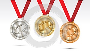 American football gridiron Champion Gold, Silver and Bronze Medal set with Red Ribbon Vector Illustration