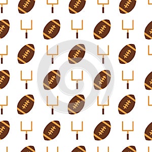 American Football hand drawn seamless vector pattern with collection of sports equipment. Repeating background with goal
