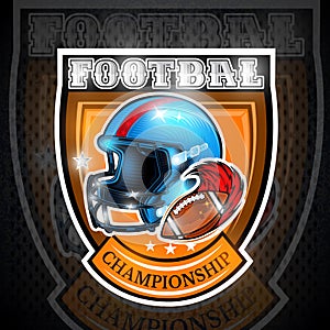 American football helmet with ball in center of shield. Sport logo for any team