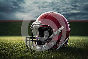 American football helmet on the field with blurred stadium background AI Generated