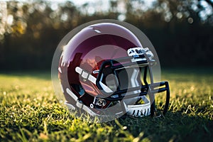 American football helmet on the field with blurred stadium background AI Generated