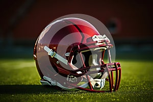 American football helmet on the field with blurred stadium background AI Generated