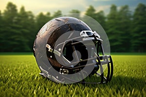 American football helmet on the field with blurred stadium background AI Generated