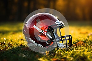 American football helmet on the field with blurred stadium background AI Generated