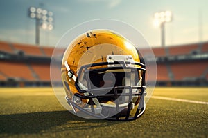 American football helmet on the field with blurred stadium background AI Generated