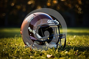 American football helmet on the field with blurred stadium background AI Generated