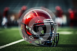 American football helmet on the field with blurred stadium background AI Generated