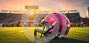 american football helmet in the field with a stadium in the background.