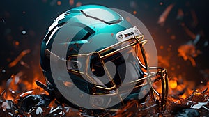 American football helmet and fire background