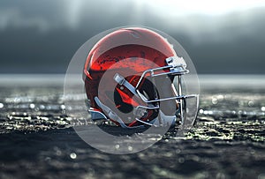 American football helmet laying in the mud