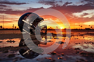 an american football helmet placed on the 50-yard line during sunset