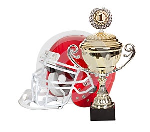 American football helmet and trophy