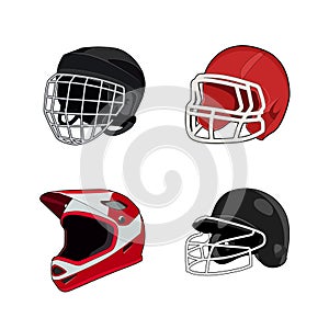 American football, ice hockey, baseball, motor bike uniform helmet. Rugby head protection equipment. Isolated vector illustration