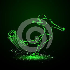 American football kicker hits the ball. Green neon sport background.