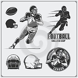 American Football labels, emblems and design elements. Football player, balls and helmets.