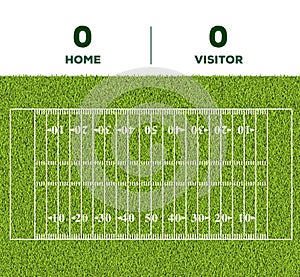American football line, game score and green grass field backgr