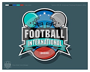American Football logo. Football emblem. Ball and helmets in the circle with ribbon and stars. Identity and app icon.