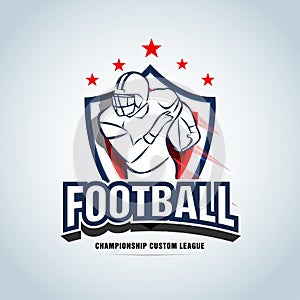 American football logo template, badge, t-shirt, label, emblem. Red, dark blue color version.