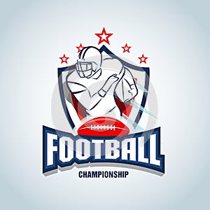 American football logo template, badge, t-shirt, label, emblem. Red, dark blue color version.
