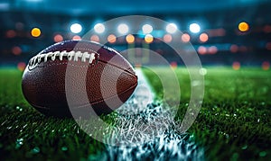 American football on a lush green field under stadium lights, capturing the anticipation and excitement of a night game in