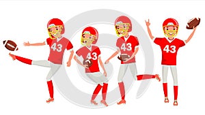 American Football Male Player Vector. Match Tournament. Summer Activity. Playing In Different Poses. Man Athlete