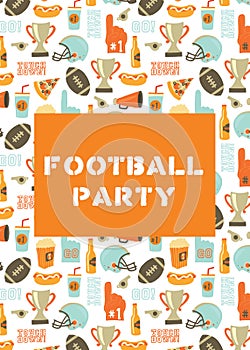 American Football party invitation card. Helmet, trophy, beer, foam finger, fast food, go and touch down lettering background.