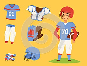 American football player action sport athlete uniform sporty people success playing tools vector illustration
