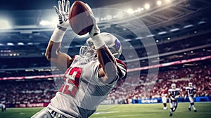 American football player in action on stadium cath ball. Generative AI