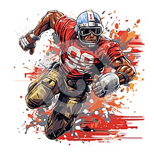 American football player in action. Vector illustration. Grunge background.