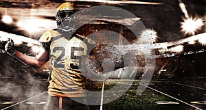 American football player, athlete in helmet on stadium in fire. Sport wallpaper with copyspace on background.