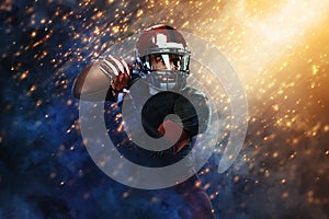 American football player, athlete sportsman in red helmet on stadium background. Sport and motivation wallpaper.