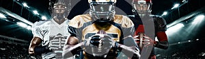 American football player, athlete sportsman in red helmet on stadium background. Sport and motivation wallpaper. Wide