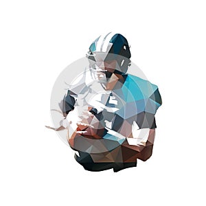 American football player with ball, isolated low polygonal vector illustration. Geometric drawing from triangles, Football logo