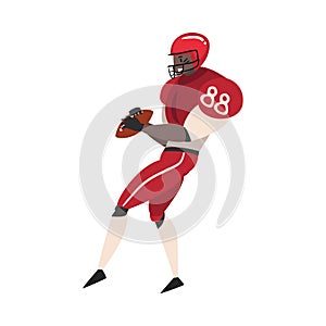 American Football Player with Ball, Male Athlete Character in Red Sports Uniform, Side View Vector Illustration