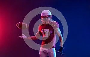 American football player banner with neon colors. Template for bookmaker ads with copy space. Mockup for betting