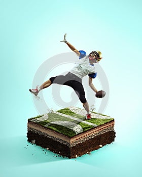 American football player on blue background above stadium layers. Professional sportsman during game playing in action