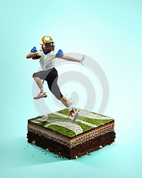 American football player on blue background above stadium layers. Professional sportsman during game playing in action