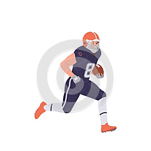 American football player cartoon quarterback character running with ball isolated on white