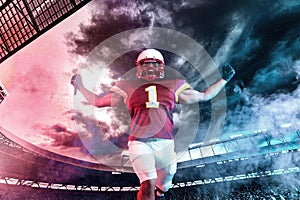 American football player celebrating victory on stadium . Template for a sports magazine on the theme of American